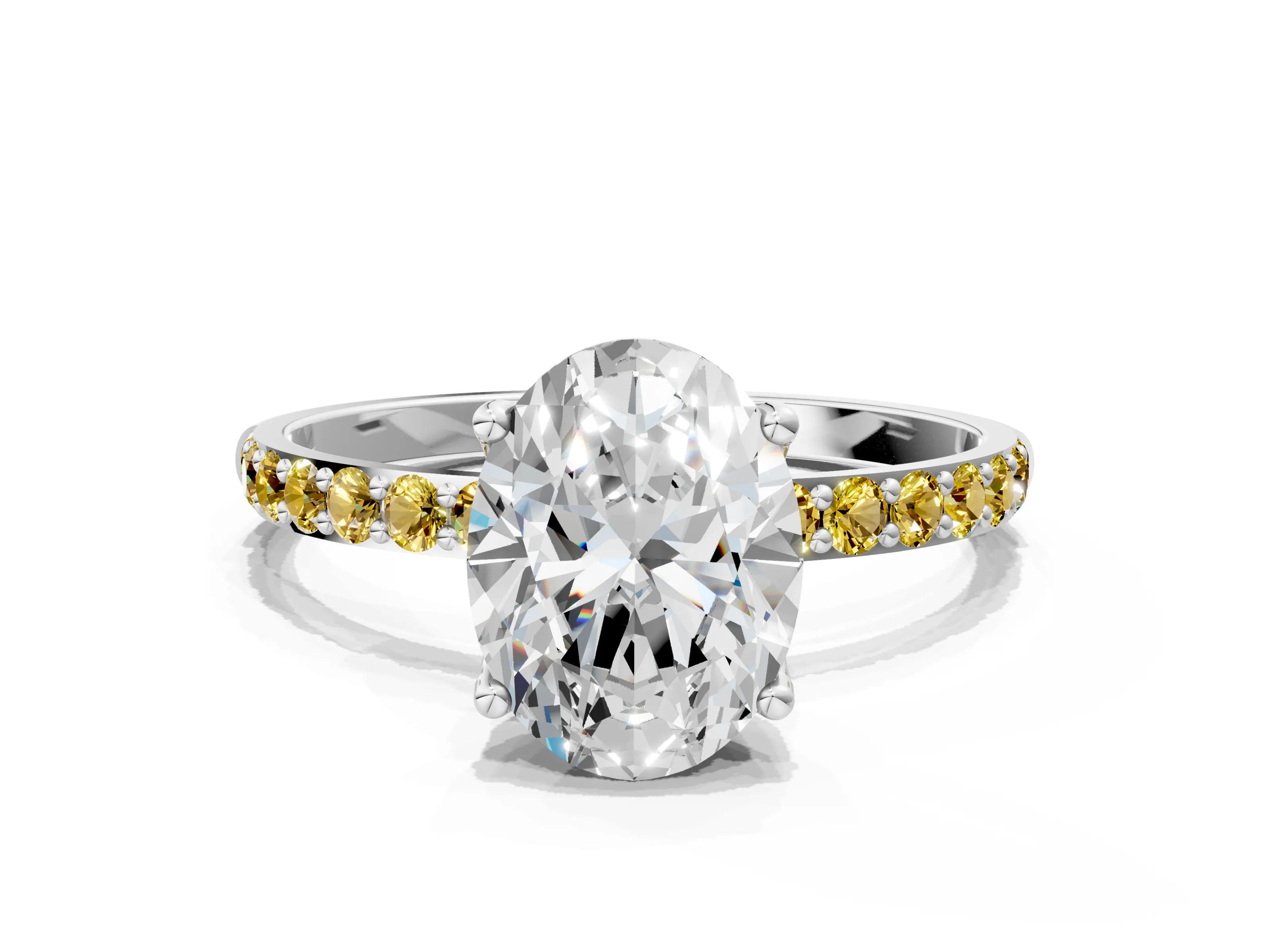 White gold Oval Cut Diamond Solitaire Engagement Ring with Round with Yellow Sapphire side stone Pavé Band and Prong Setting_12