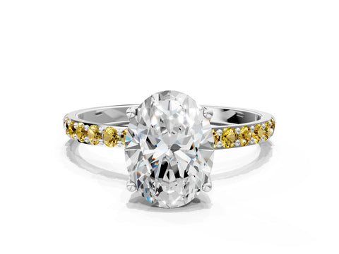 White gold Oval Cut Diamond Solitaire Engagement Ring with Round with Yellow Sapphire side stone Pavé Band and Prong Setting_12