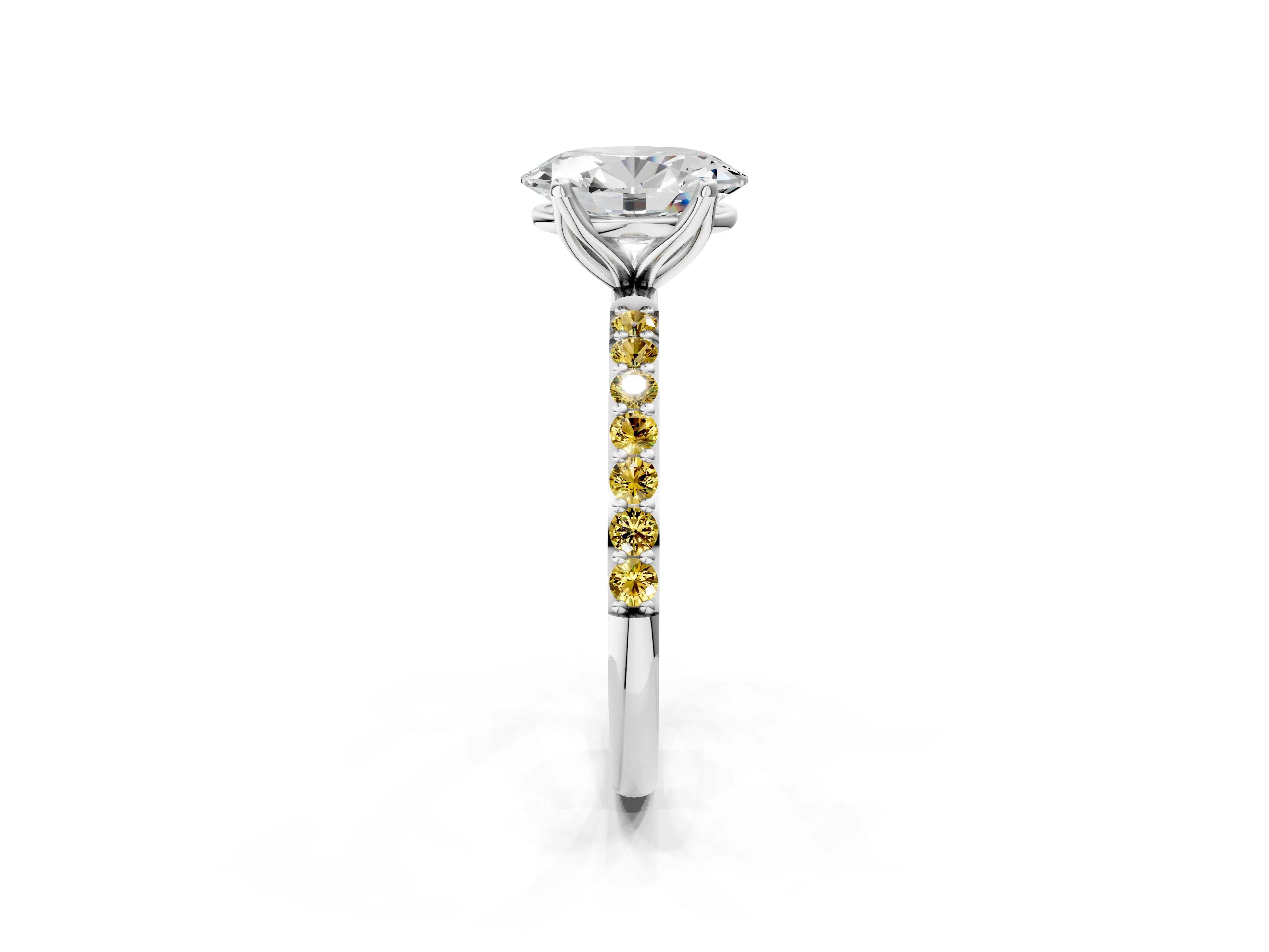 White gold Oval Cut Diamond Solitaire Engagement Ring with Round with Yellow Sapphire side stone Pavé Band and Prong Setting_14