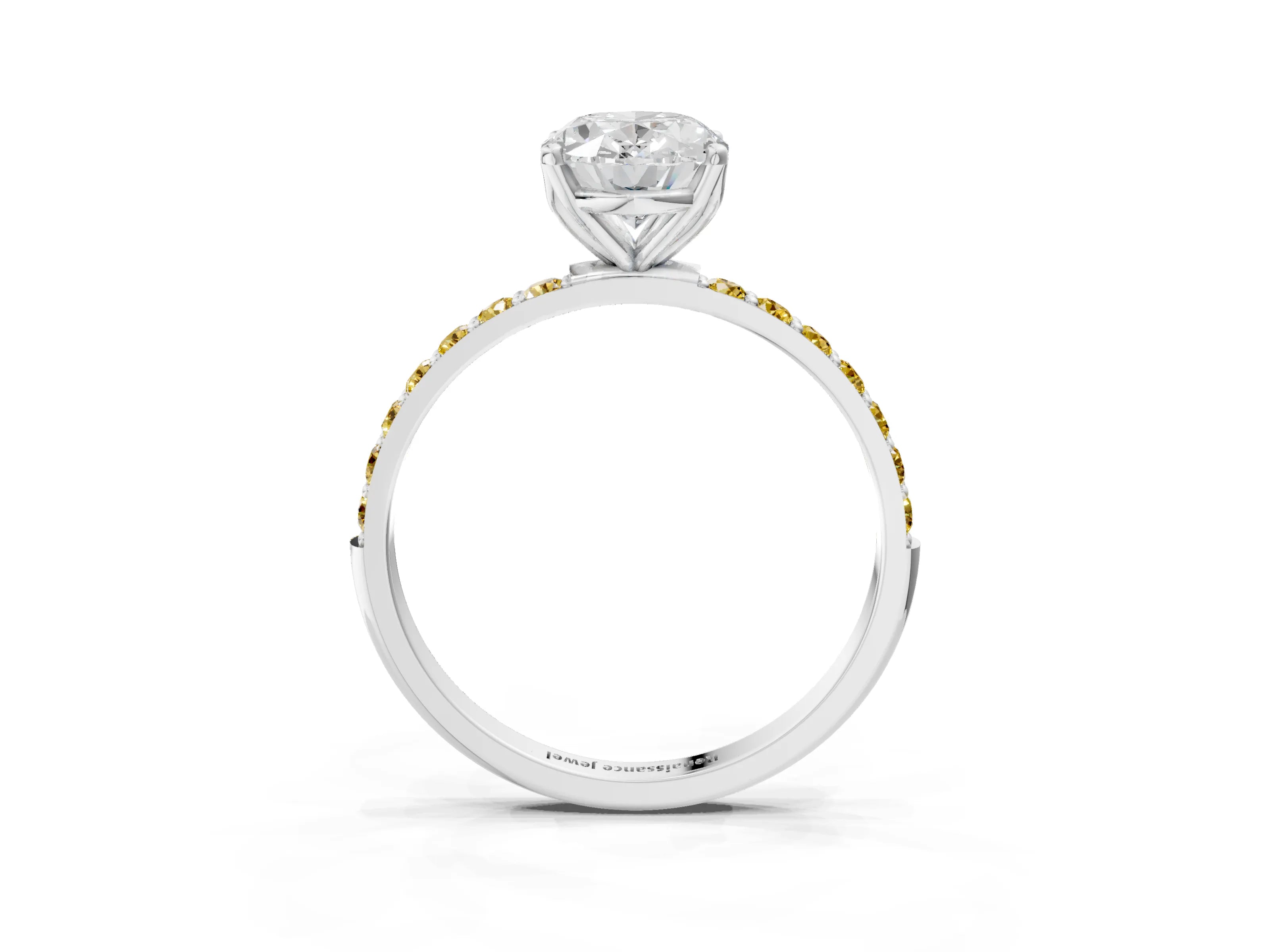 White gold Oval Cut Diamond Solitaire Engagement Ring with Round with Yellow Sapphire side stone Pavé Band and Prong Setting_15