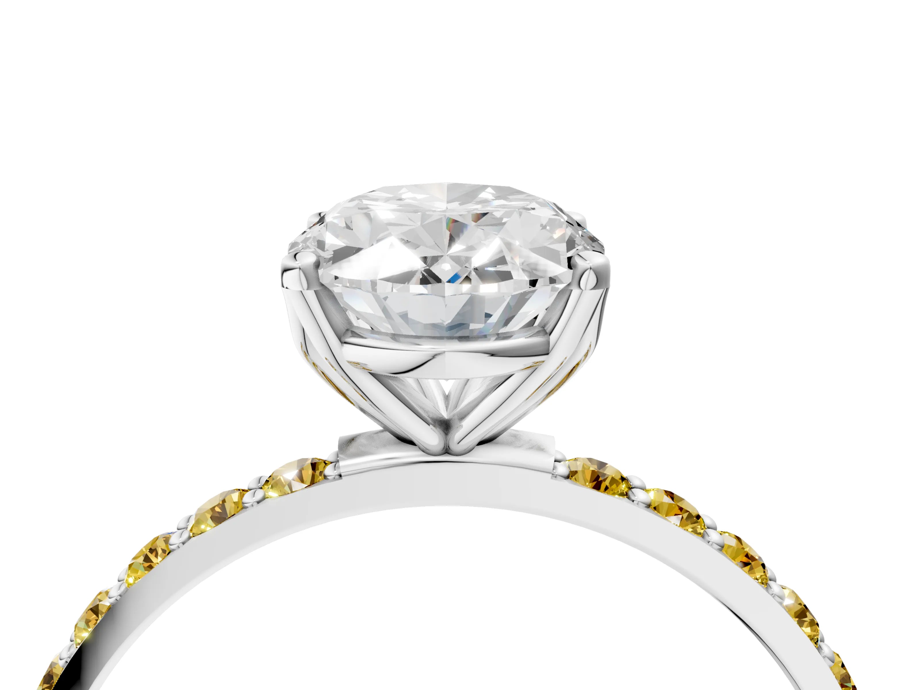 White gold Oval Cut Diamond Solitaire Engagement Ring with Round with Yellow Sapphire side stone Pavé Band and Prong Setting_16