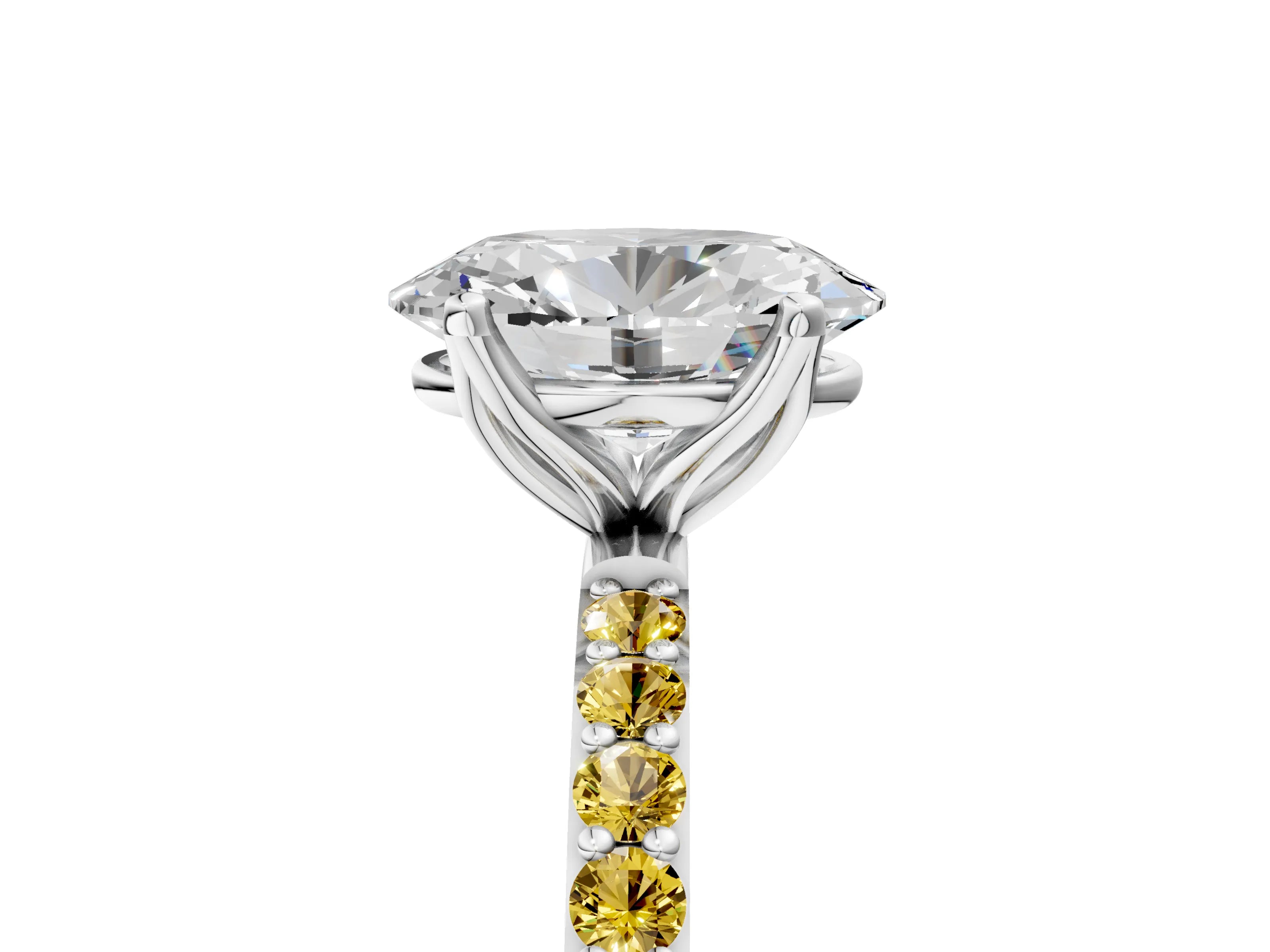White gold Oval Cut Diamond Solitaire Engagement Ring with Round with Yellow Sapphire side stone Pavé Band and Prong Setting_17