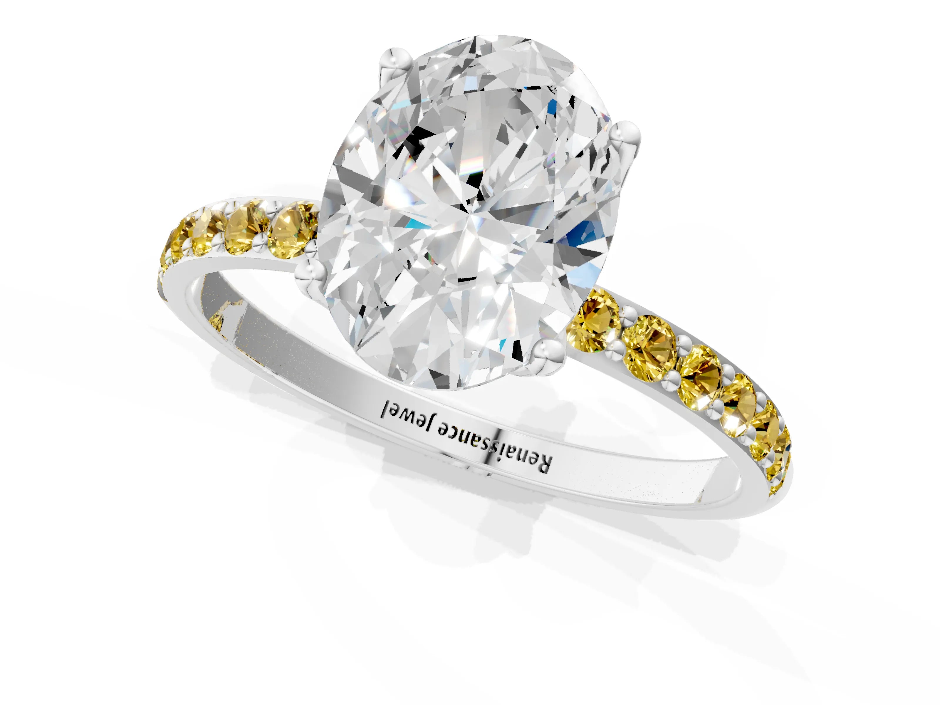 White gold Oval Cut Diamond Solitaire Engagement Ring with Round with Yellow Sapphire side stone Pavé Band and Prong Setting_25
