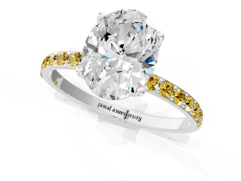 White gold Oval Cut Diamond Solitaire Engagement Ring with Round with Yellow Sapphire side stone Pavé Band and Prong Setting_25