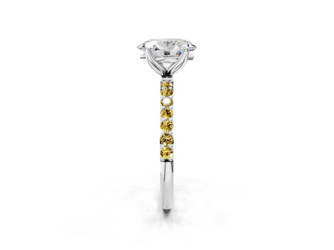 White gold Oval Cut Diamond Solitaire Engagement Ring with Round with Yellow Sapphire side stone Pavé Band and Prong Setting_26