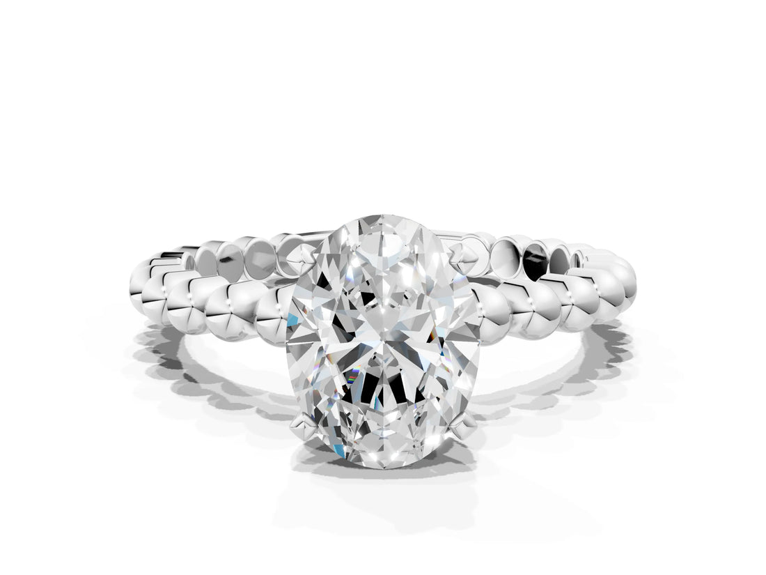 White gold Oval Cut Diamond Solitaire Ring with Beaded Band and Prong Setting_320