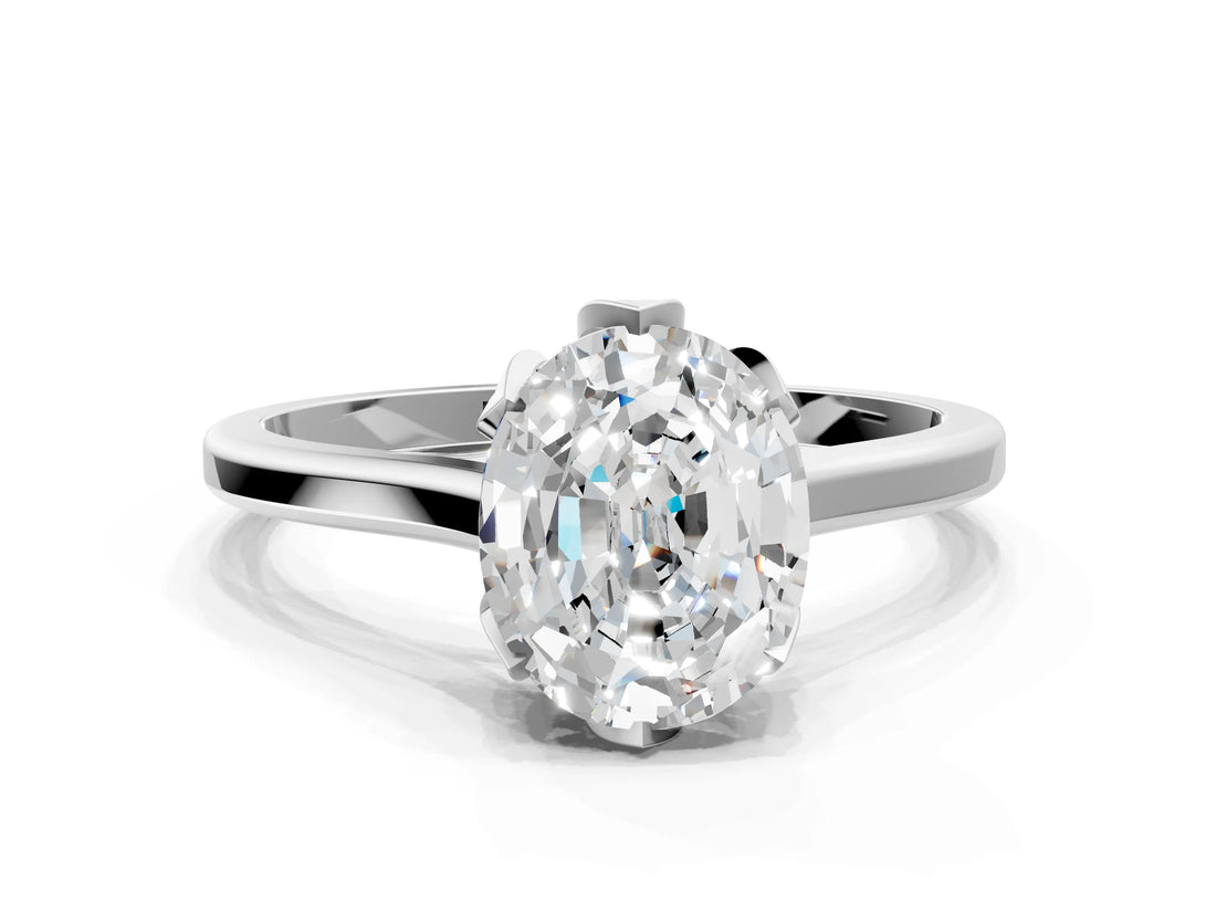 White gold Oval Cut Diamond Solitaire Ring with Flower Prong Setting and Classic Band_257