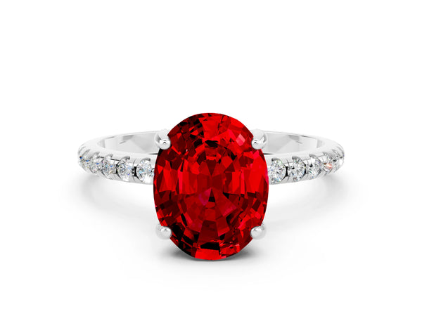 Silver Oval Cut Diamond Solitaire Ring with Four-Prong Setting and Pavé Band