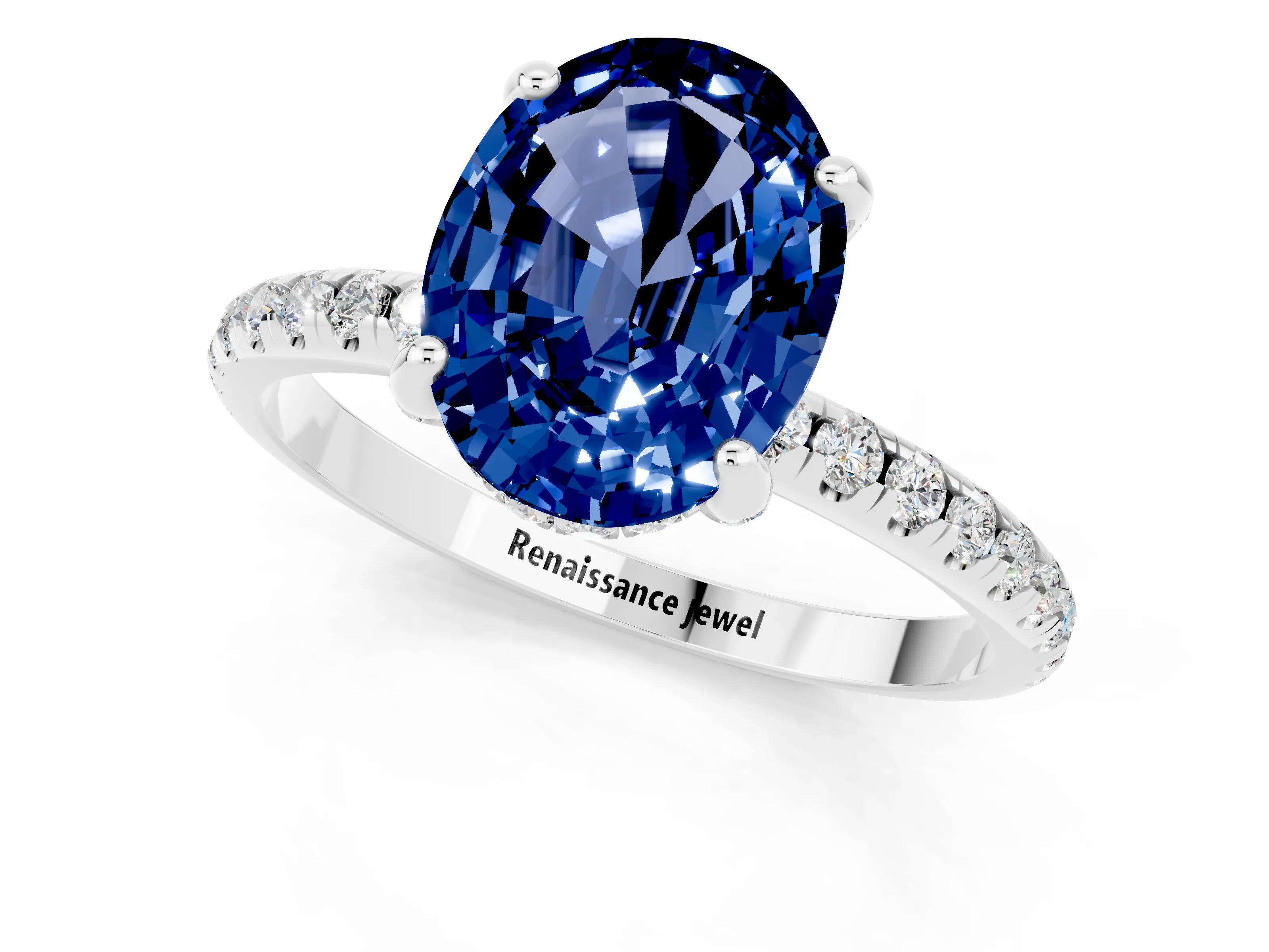 White gold Oval Cut Diamond Solitaire Ring with Four-Prong Setting and Pavé Band_1
