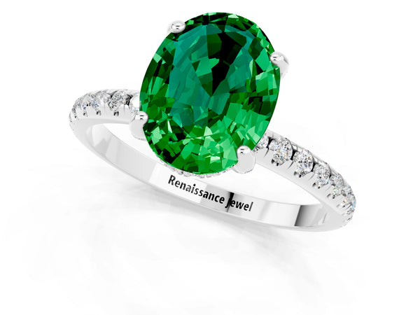 Platinum Oval Cut Emerald Hidden Halo Engagement Ring with Round Pavé Band and Prong Setting