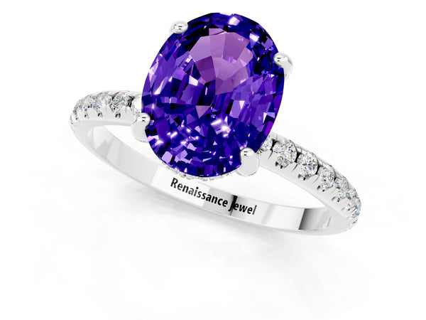 White gold Oval Cut Tanzanite Hidden Halo Engagement Ring with Round Pavé Band and Prong Setting
