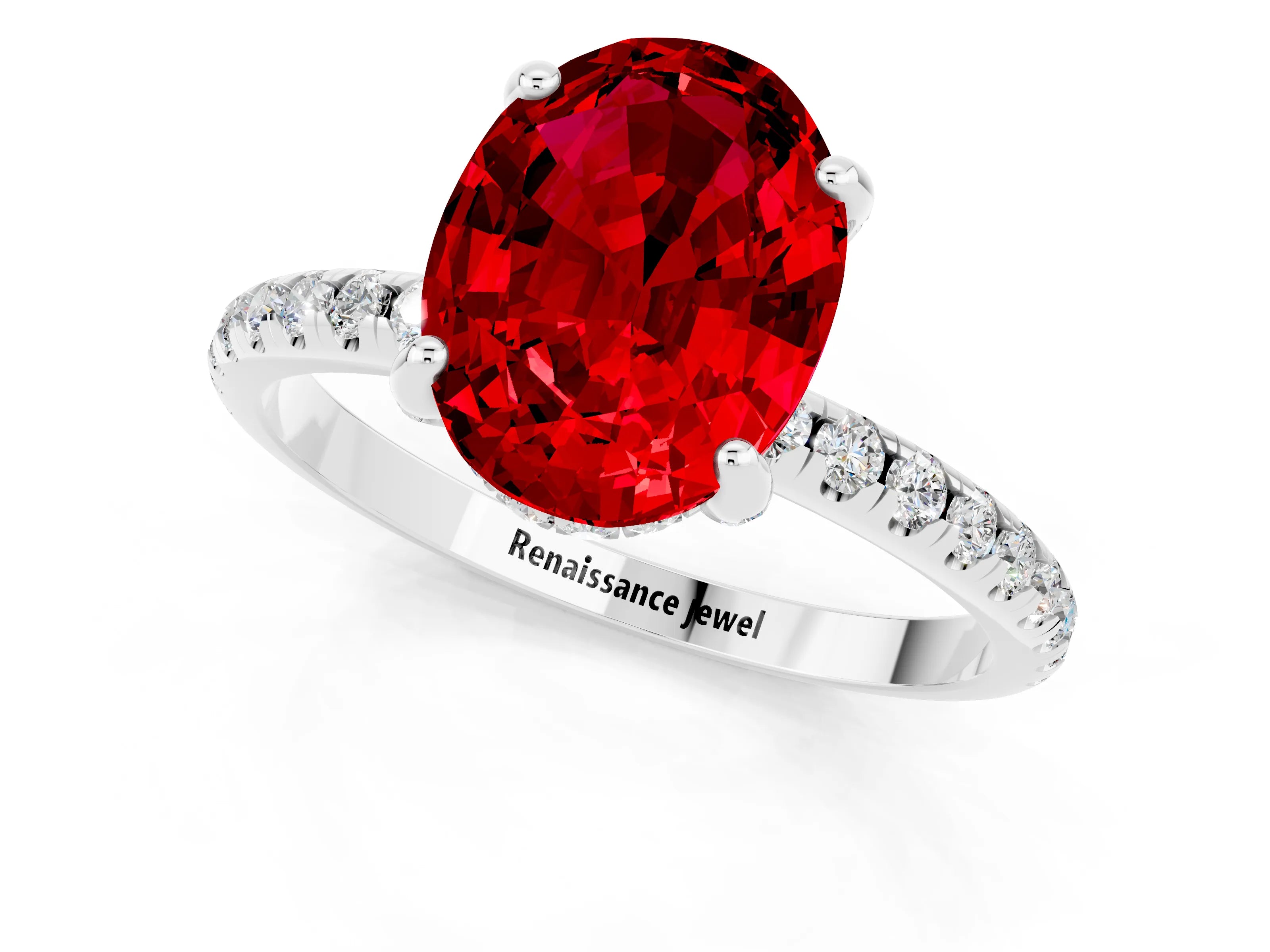 White gold Oval Cut Diamond Solitaire Ring with Four-Prong Setting and Pavé Band_1