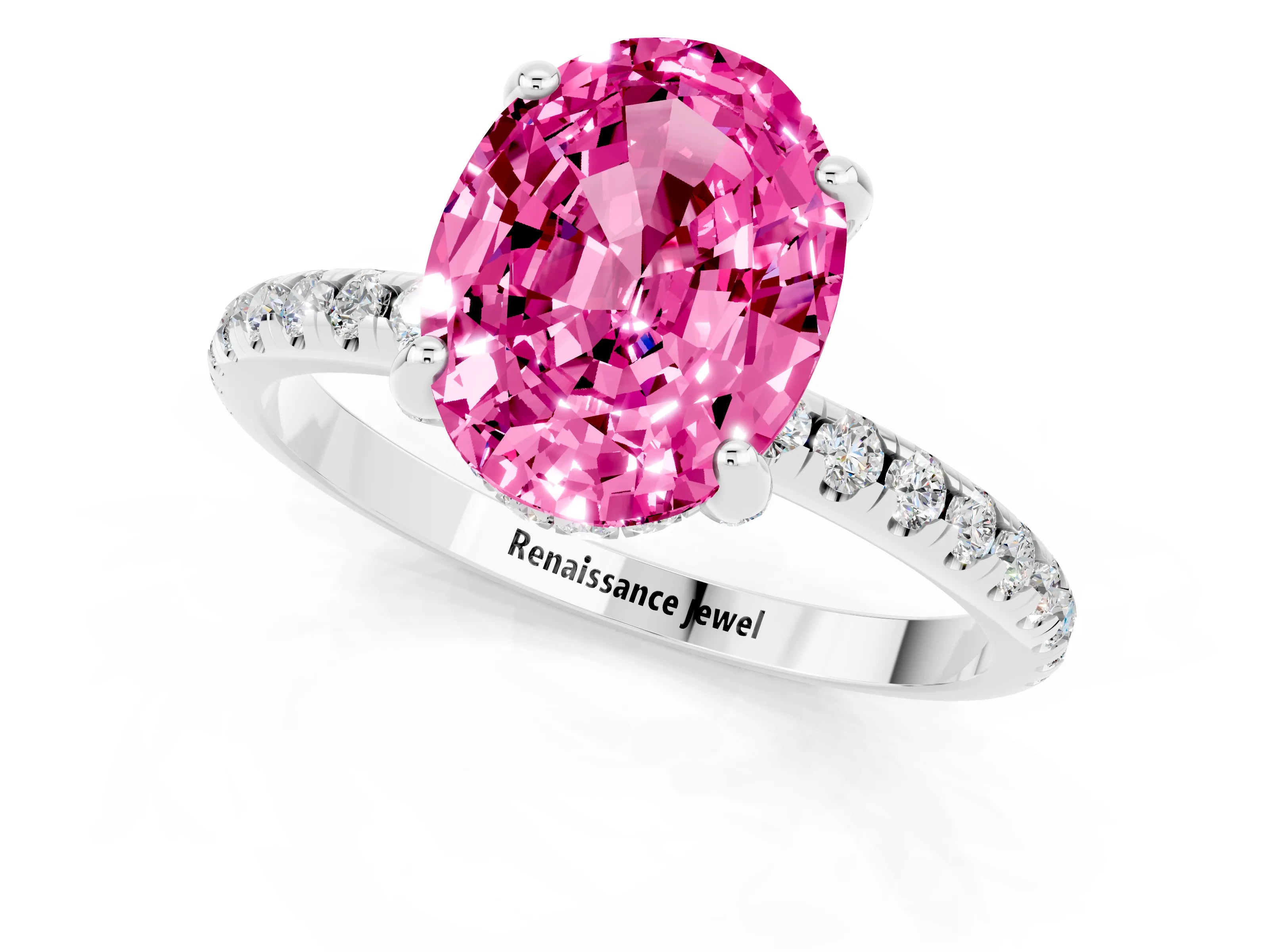 White gold Oval Cut Diamond Solitaire Ring with Four-Prong Setting and Pavé Band_1