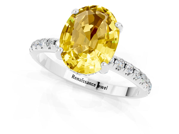 Platinum Oval Cut Yellow Sapphire Hidden Halo Engagement Ring with Round Pavé Band and Prong Setting