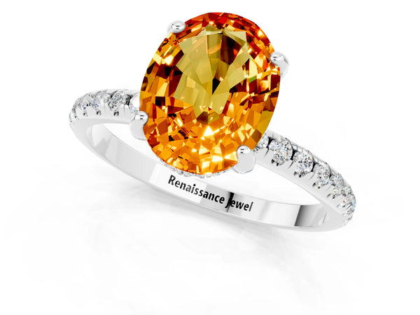 Platinum Oval Cut Citrine Hidden Halo Engagement Ring with Round Pavé Band and Prong Setting