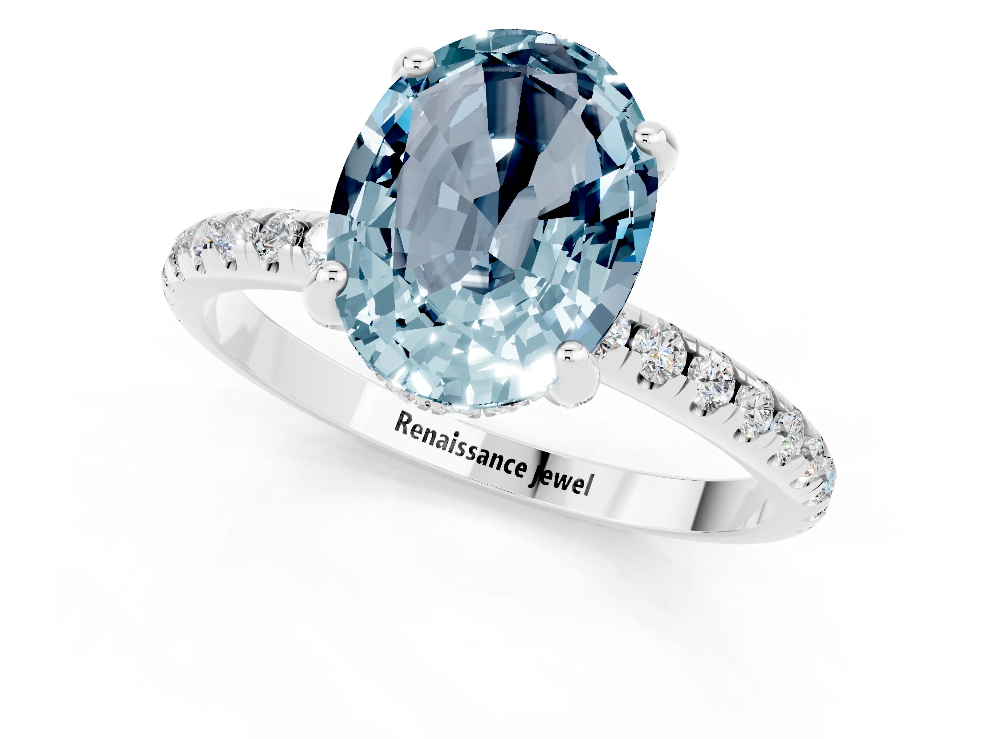 White gold Oval Cut Diamond Solitaire Ring with Four-Prong Setting and Pavé Band_1