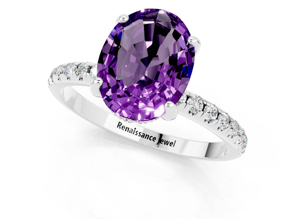 Platinum Oval Cut Amethyst Hidden Halo Engagement Ring with Round Pavé Band and Prong Setting