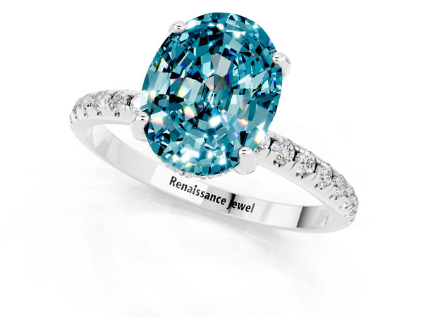 Platinum Oval Cut Diamond Solitaire Ring with Four-Prong Setting and Pavé Band