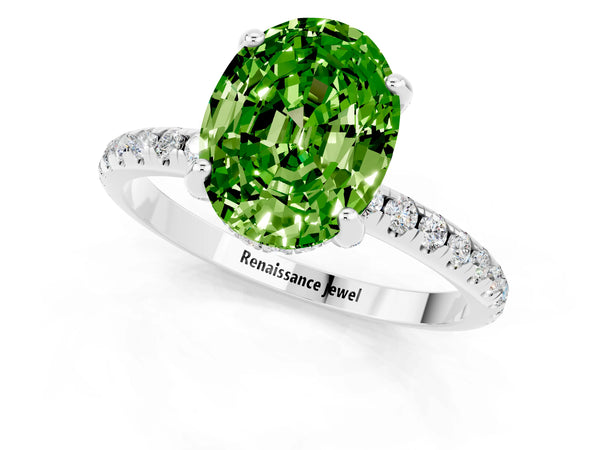 White gold Oval Cut Diamond Solitaire Ring with Four-Prong Setting and Pavé Band
