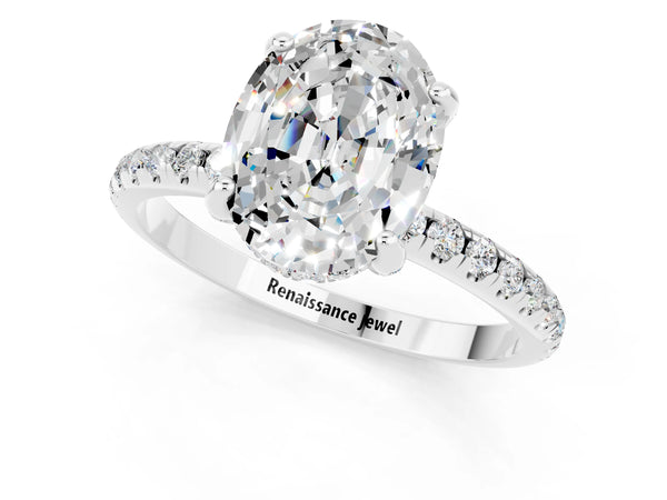 White gold Oval Cut Moissanite Hidden Halo Engagement Ring with Round Pavé Band and Prong Setting