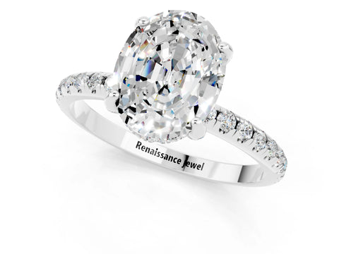 White gold Oval Cut Diamond Solitaire Ring with Four-Prong Setting and Pavé Band_1