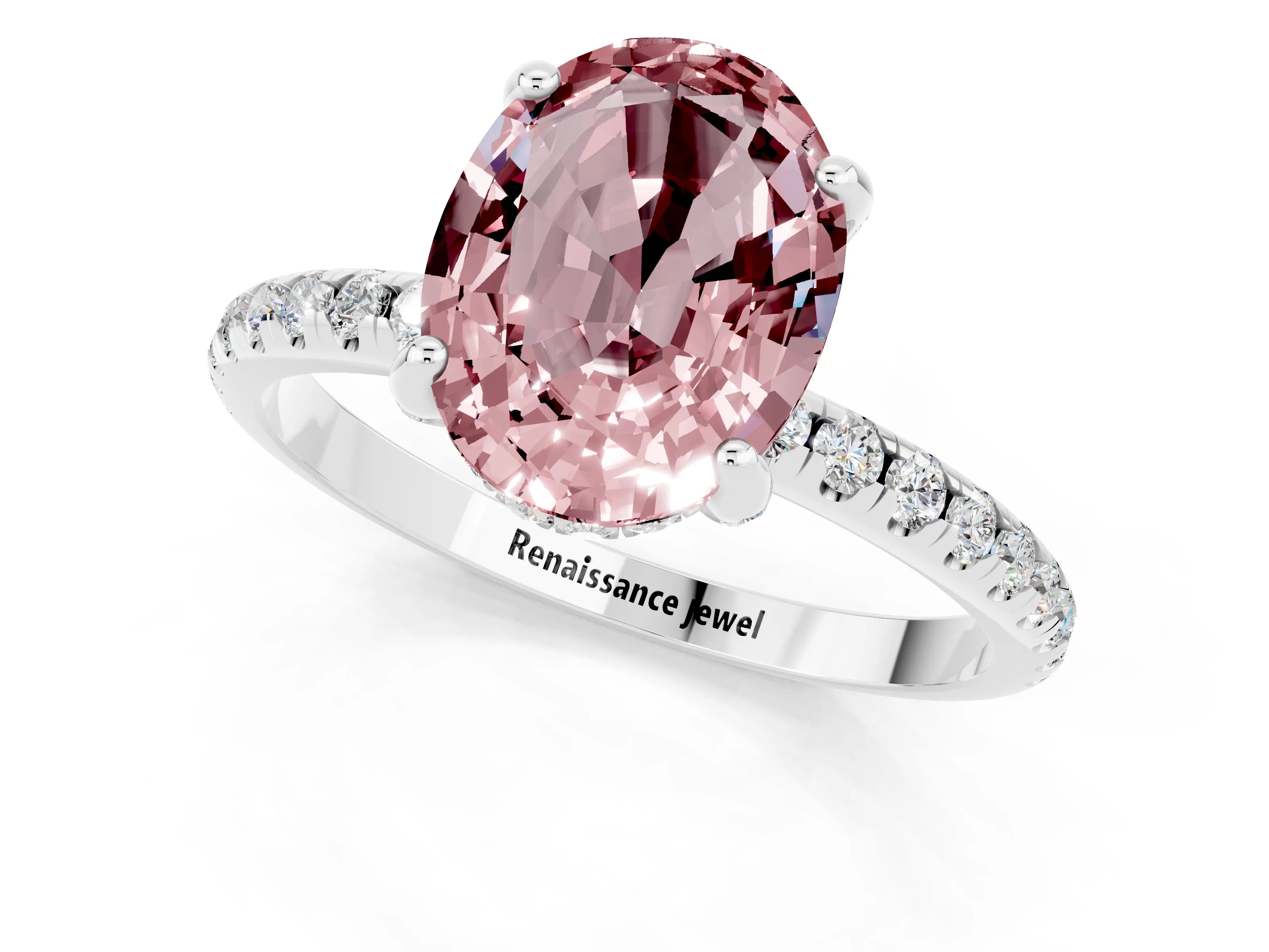 White gold Oval Cut Diamond Solitaire Ring with Four-Prong Setting and Pavé Band_1