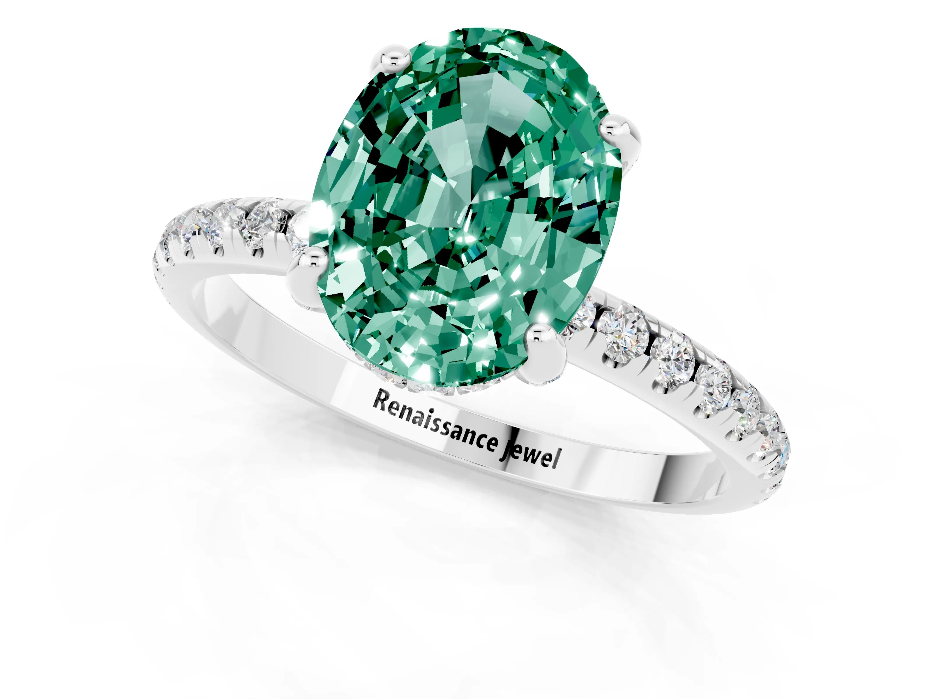 White gold Oval Cut Diamond Solitaire Ring with Four-Prong Setting and Pavé Band_1
