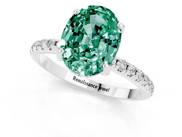 Silver Oval Cut Green Sapphire Hidden Halo Engagement Ring with Round Pavé Band and Prong Setting