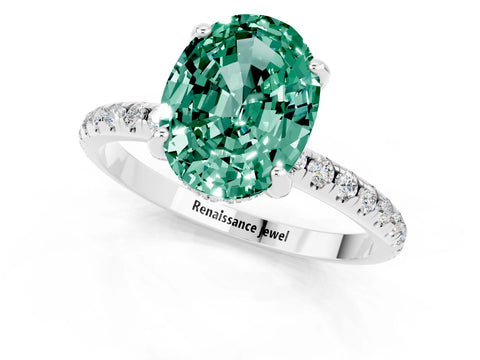 White gold Oval Cut Diamond Solitaire Ring with Four-Prong Setting and Pavé Band_1