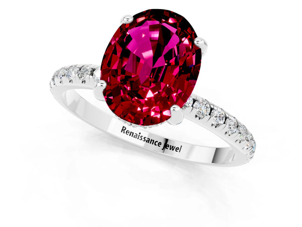 Platinum Oval Cut Garnet Hidden Halo Engagement Ring with Round Pavé Band and Prong Setting