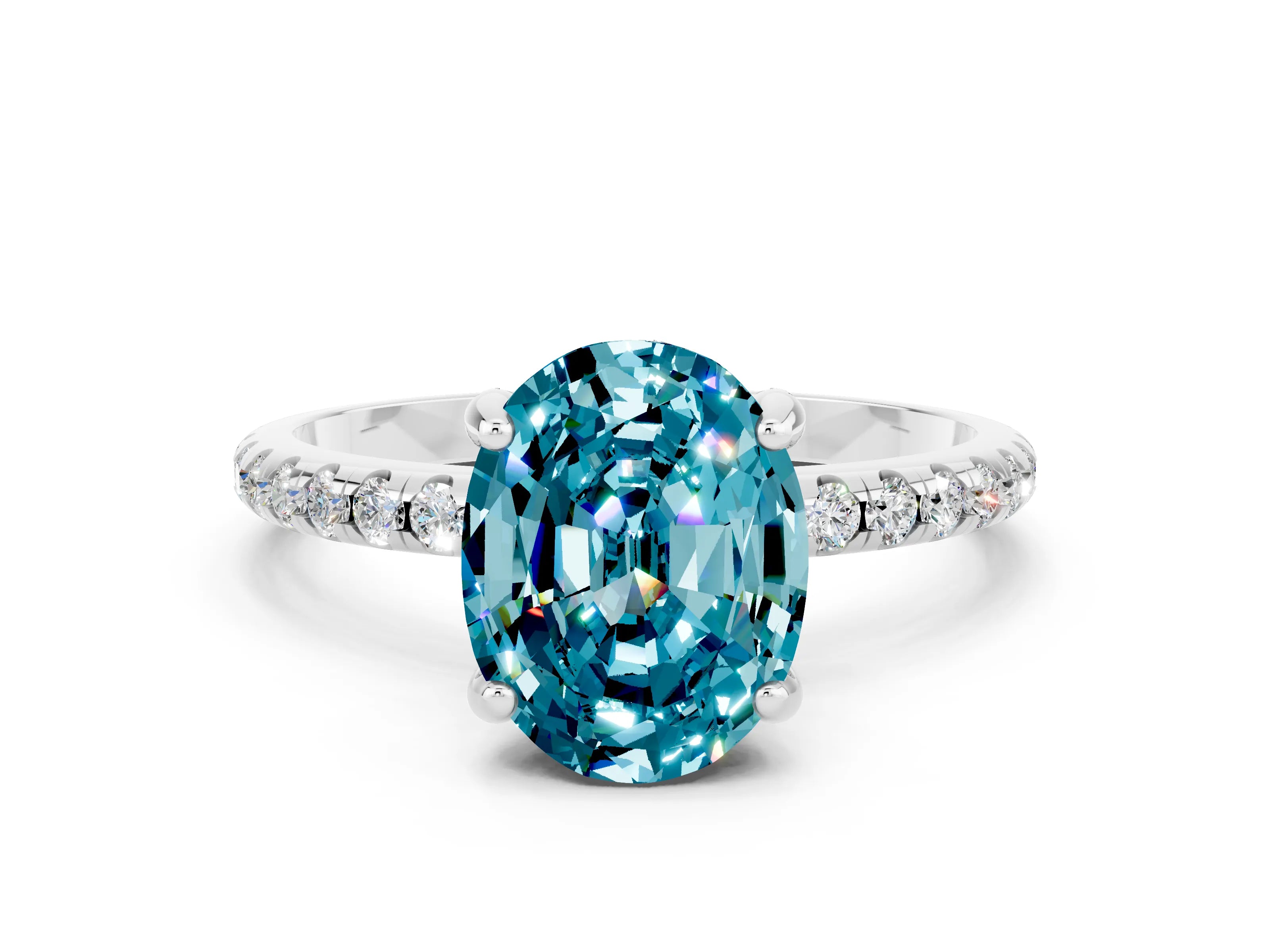 White gold Oval Cut Diamond Solitaire Ring with Four-Prong Setting and Pavé Band