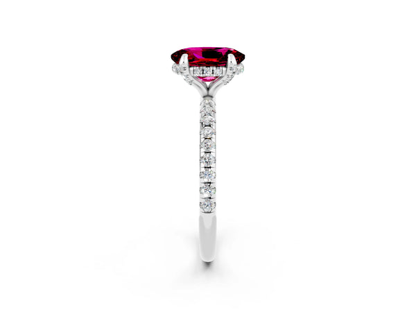 Silver Oval Cut Garnet Hidden Halo Engagement Ring with Round Pavé Band and Prong Setting
