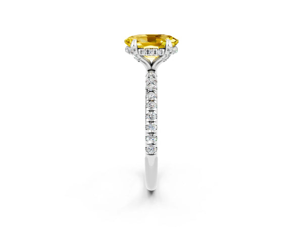 Silver Oval Cut Yellow Sapphire Hidden Halo Engagement Ring with Round Pavé Band and Prong Setting