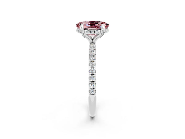 Platinum Oval Cut Diamond Solitaire Ring with Four-Prong Setting and Pavé Band