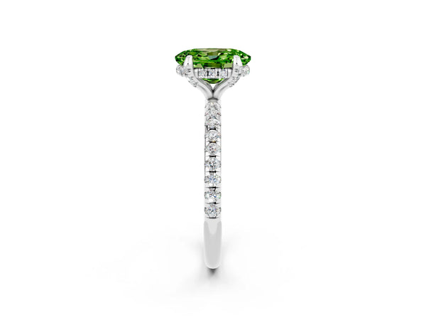 Silver Oval Cut Diamond Solitaire Ring with Four-Prong Setting and Pavé Band