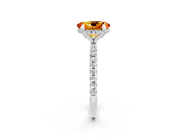 Platinum Oval Cut Citrine Hidden Halo Engagement Ring with Round Pavé Band and Prong Setting