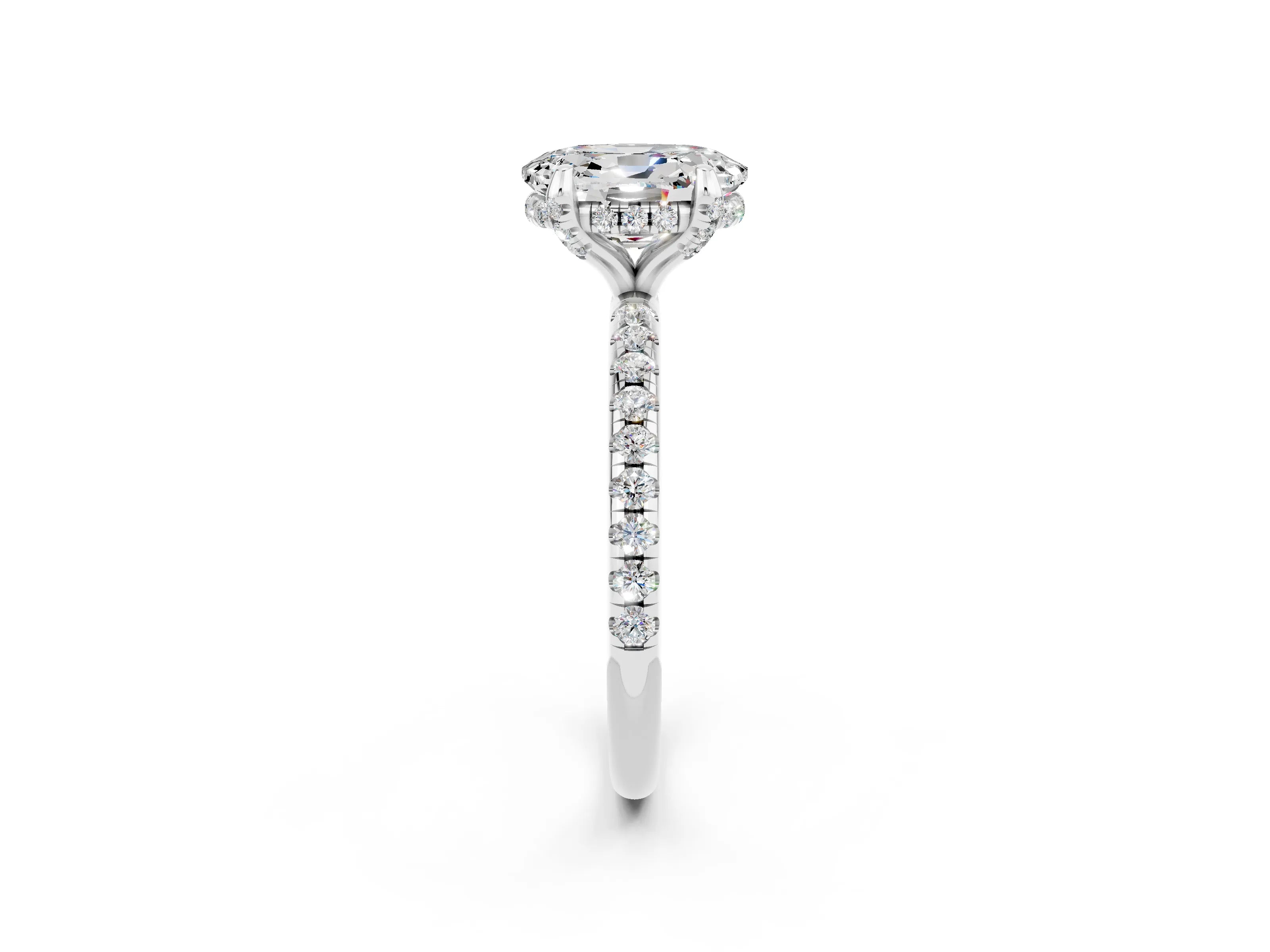 White gold Oval Cut Diamond Solitaire Ring with Four-Prong Setting and Pavé Band_2