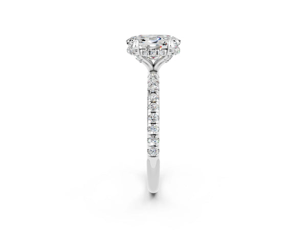 White gold Oval Cut Moissanite Hidden Halo Engagement Ring with Round Pavé Band and Prong Setting