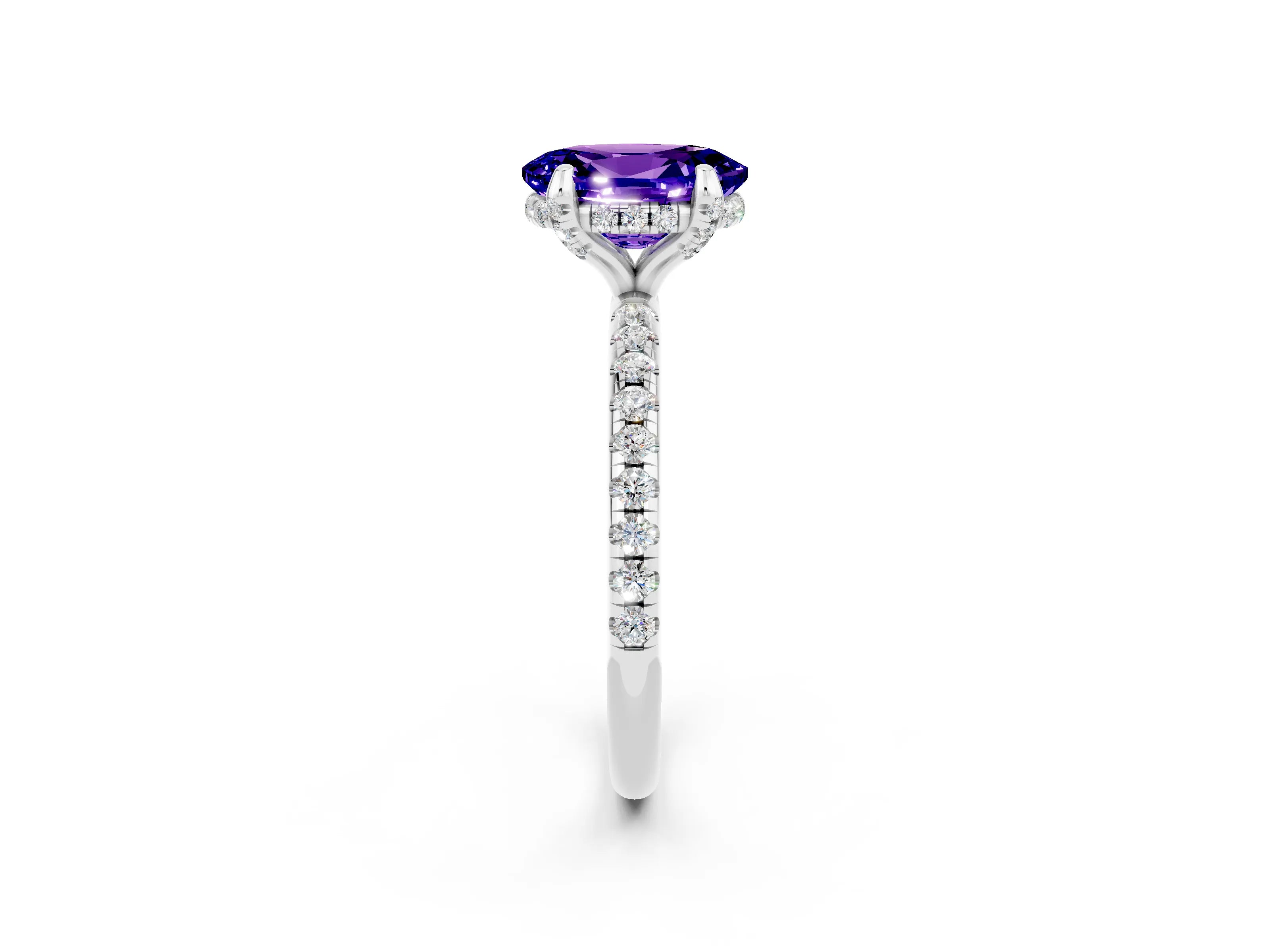 White gold Oval Cut Diamond Solitaire Ring with Four-Prong Setting and Pavé Band_2