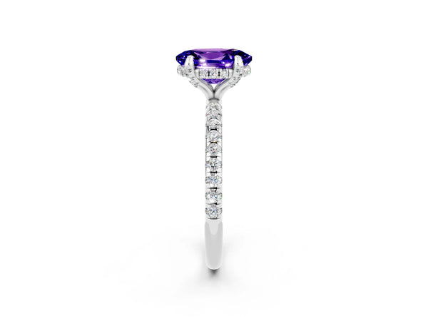 White gold Oval Cut Tanzanite Hidden Halo Engagement Ring with Round Pavé Band and Prong Setting