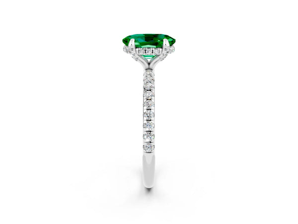 White gold Oval Cut Emerald Hidden Halo Engagement Ring with Round Pavé Band and Prong Setting