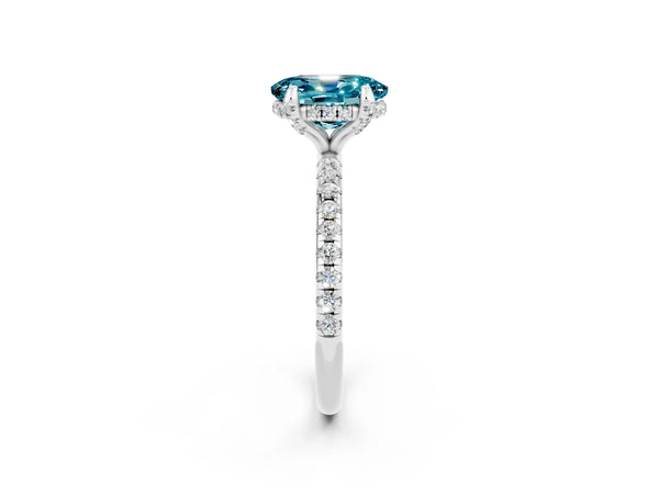White gold Oval Cut Diamond Solitaire Ring with Four-Prong Setting and Pavé Band