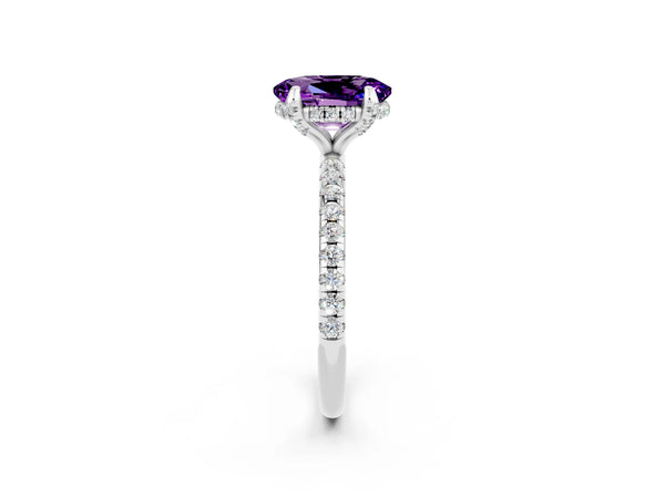 Silver Oval Cut Amethyst Hidden Halo Engagement Ring with Round Pavé Band and Prong Setting