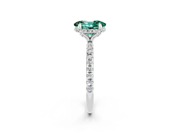 Platinum Oval Cut Green Sapphire Hidden Halo Engagement Ring with Round Pavé Band and Prong Setting