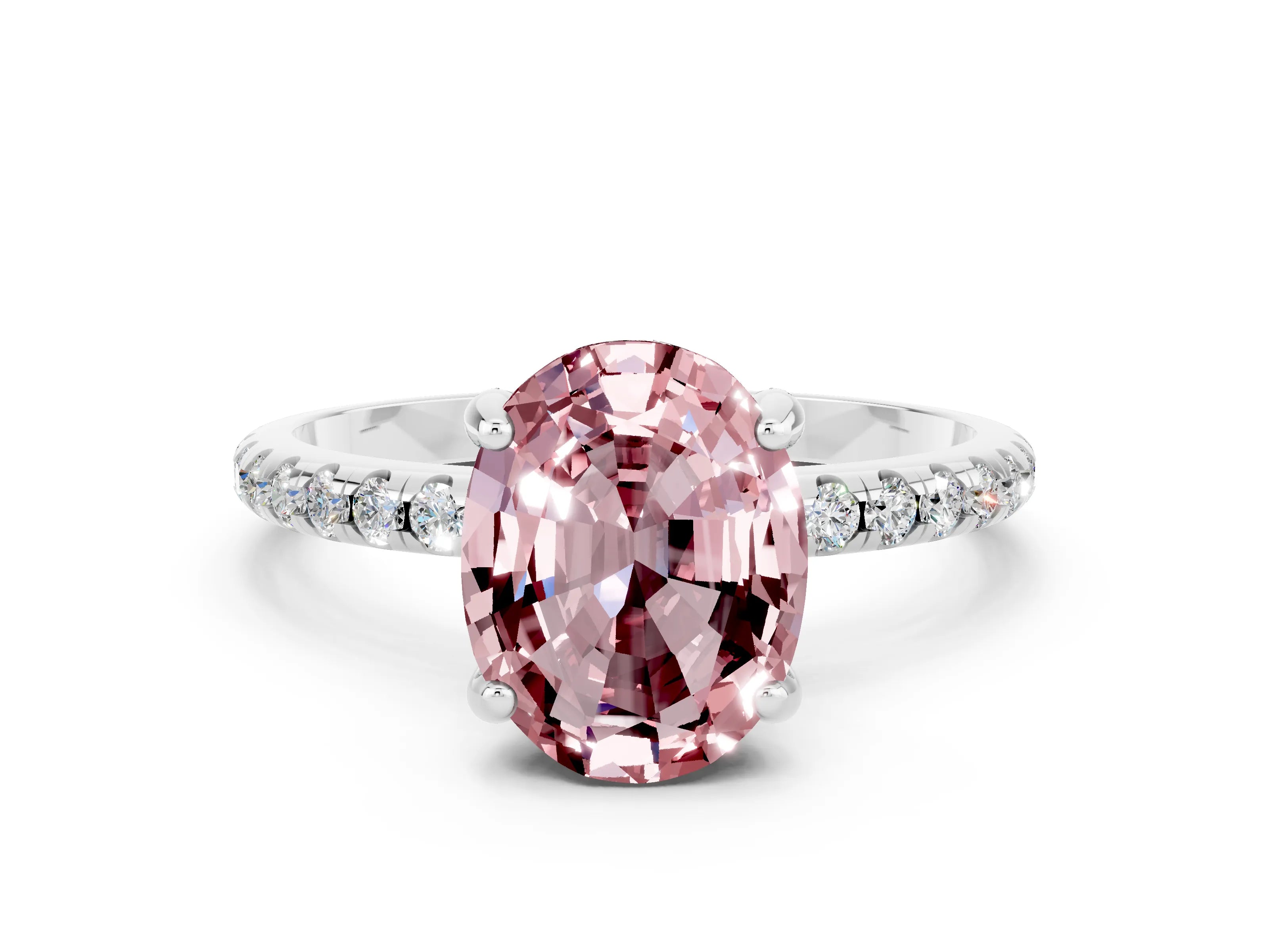 White gold Oval Cut Diamond Solitaire Ring with Four-Prong Setting and Pavé Band