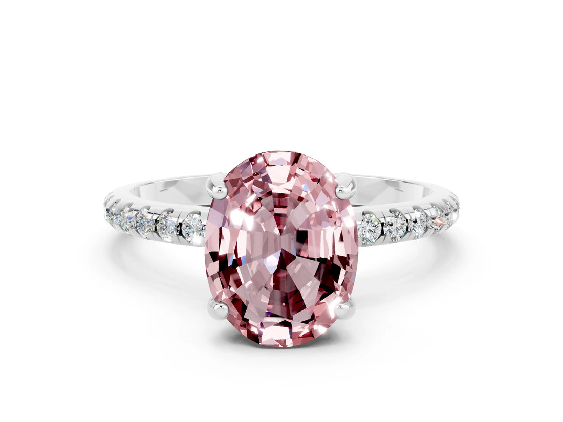 White gold Oval Cut Diamond Solitaire Ring with Four-Prong Setting and Pavé Band