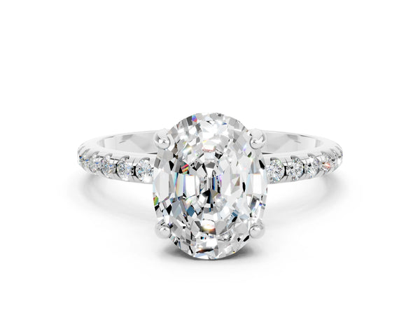 White gold Oval Cut Moissanite Hidden Halo Engagement Ring with Round Pavé Band and Prong Setting