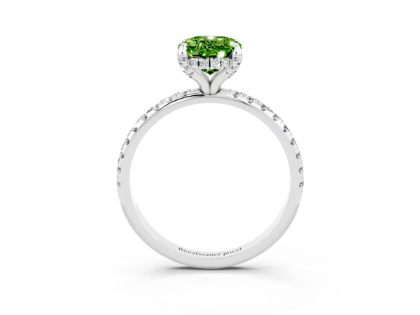 Silver Oval Cut Diamond Solitaire Ring with Four-Prong Setting and Pavé Band
