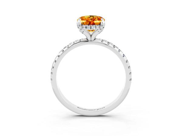 White gold Oval Cut Citrine Hidden Halo Engagement Ring with Round Pavé Band and Prong Setting