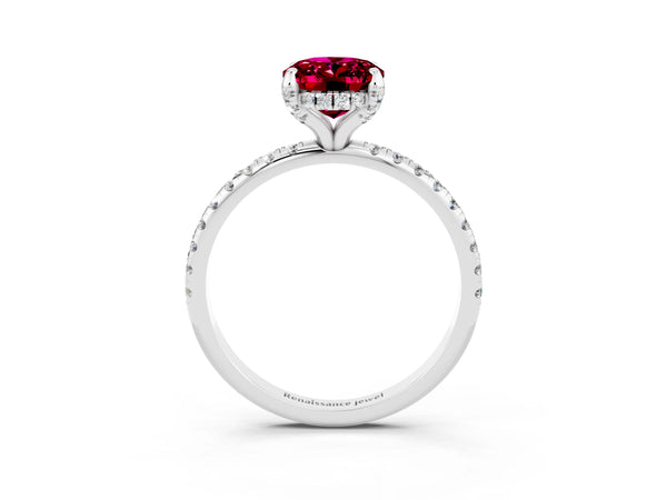 Silver Oval Cut Garnet Hidden Halo Engagement Ring with Round Pavé Band and Prong Setting